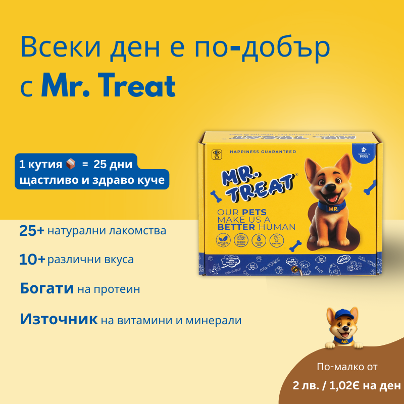 Опаковка на кучешките лакомства Mr. Treat с жълто и синьо оформление върху жълт фон с текст за това какво включва кутията