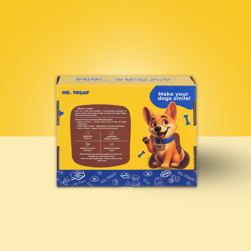 Опаковка отзад на кучешките лакомства Mr. Treat с жълто и синьо оформление върху жълт фон.