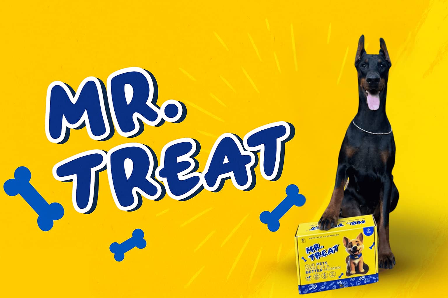 Mr. Treat лого,  до него куче, което седи зад кутията и си е качило едната лапа върху нея, на жълт фон